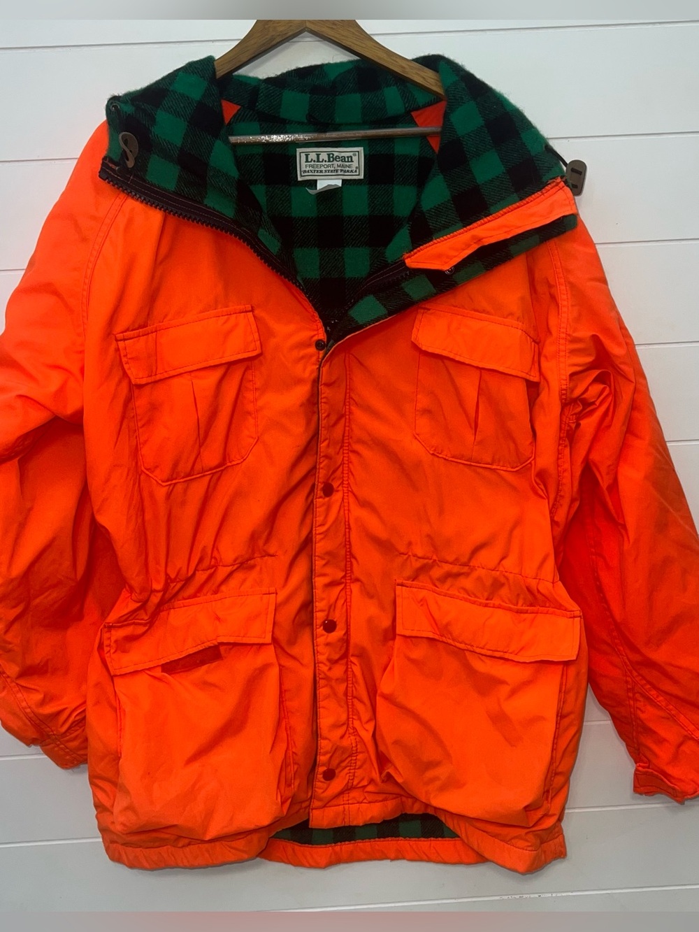 Vintage LL Bean Baxter State Parka L Orange Wool Plaid Hunting Jacket